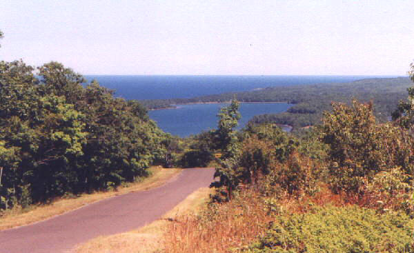 View north across Copper Harbor from the ridge road, Lake Superior visible in the distance