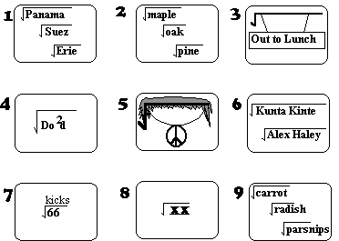 Radical pun image map: Root Canal, Tree Roots, Radical Departure, Radical Dude!, Long Haired Hippy Radical, Roots by Alex Haley, Route 66, Root Beer, Root Crops